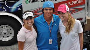 Annie Dulman (left) and Kailey Ashton (right) meet Rickie Fowler at the 2011 Honda Classic pro-am.